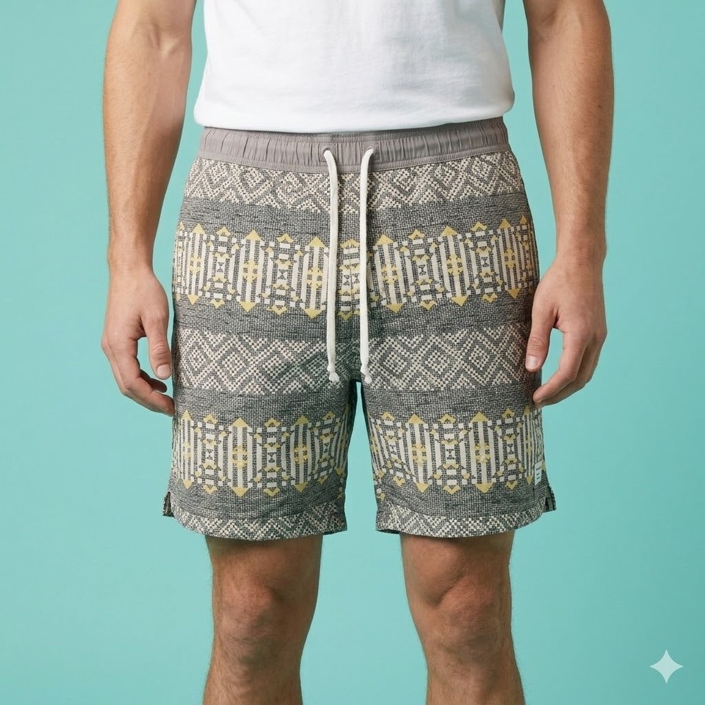 Modern Amusement Geometric Pattern Swim‎ Trunks Board Shorts Large Grey Yellow